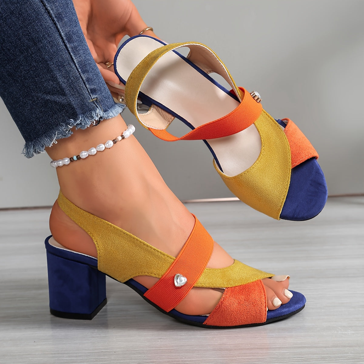 Open Toe Slingback Color Block Block Heel Sandals