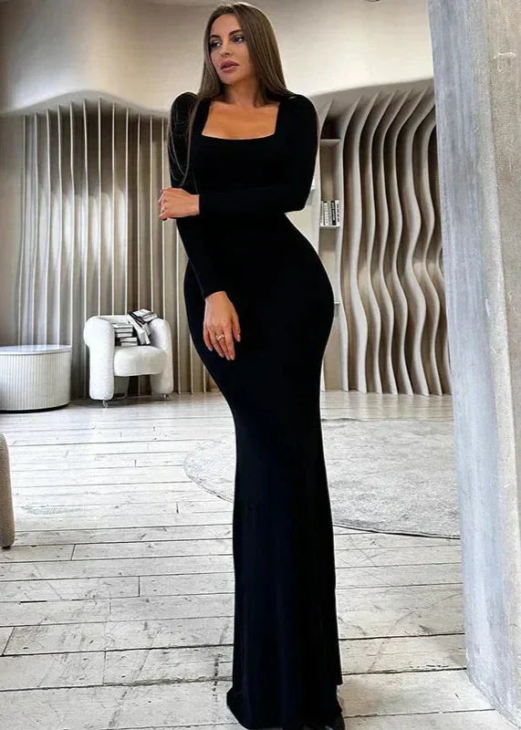 Black Slim-Fit Lace-Up Backless Long-Sleeve Dress 2