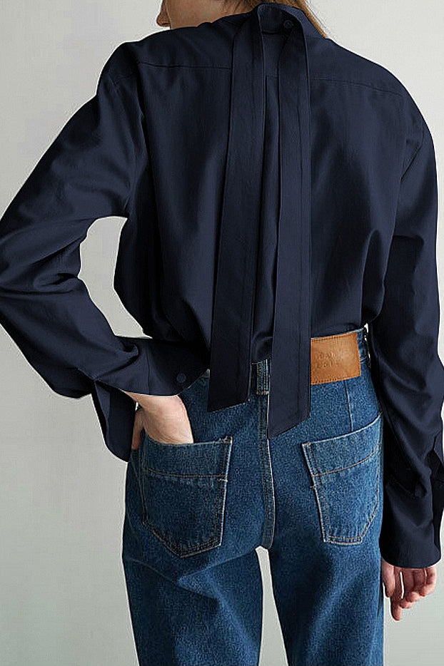 Tie Neck Stand Collar Long Sleeve Split Cuff Button Front Blouse 5