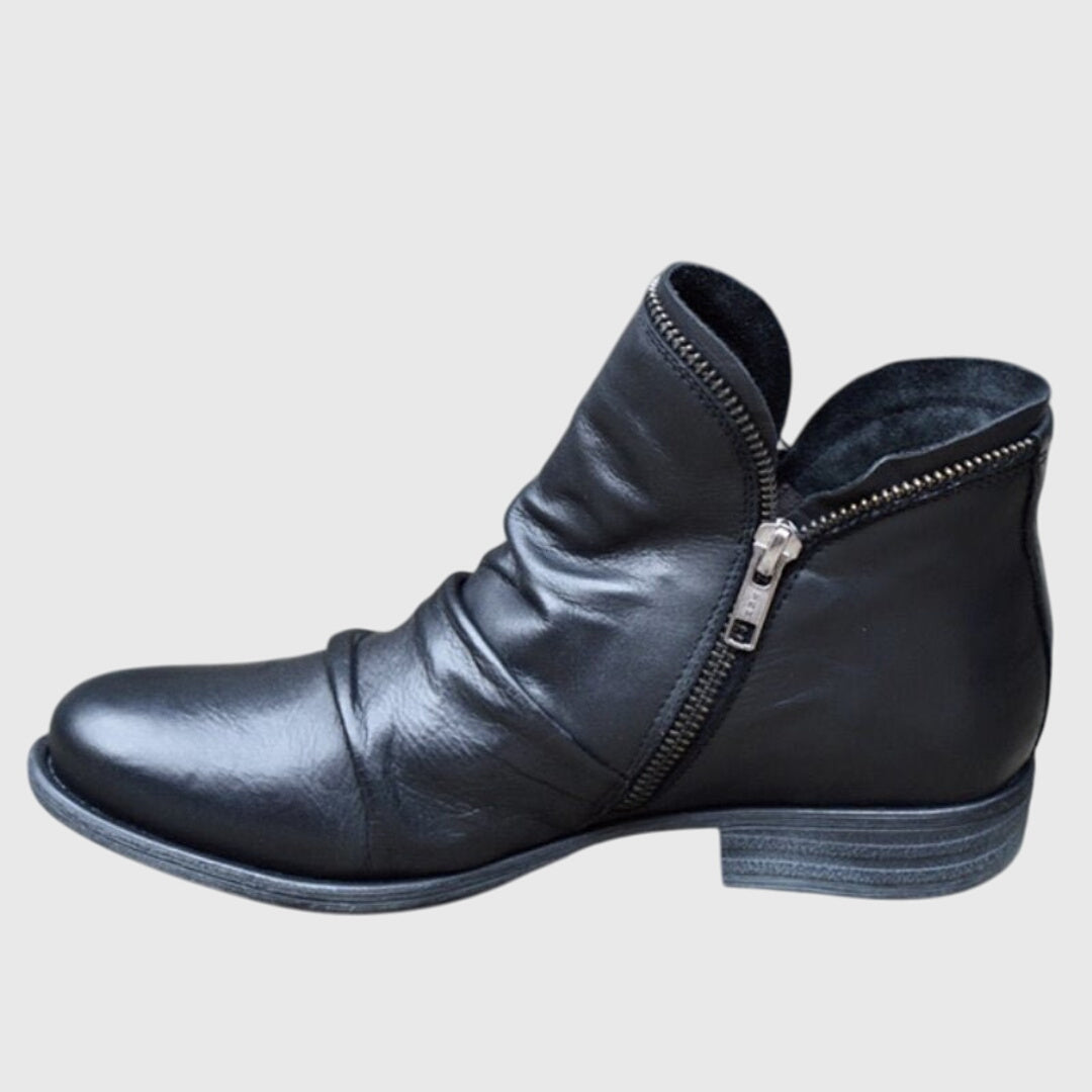 Ruched Side Zip Low Heel Ankle Boots