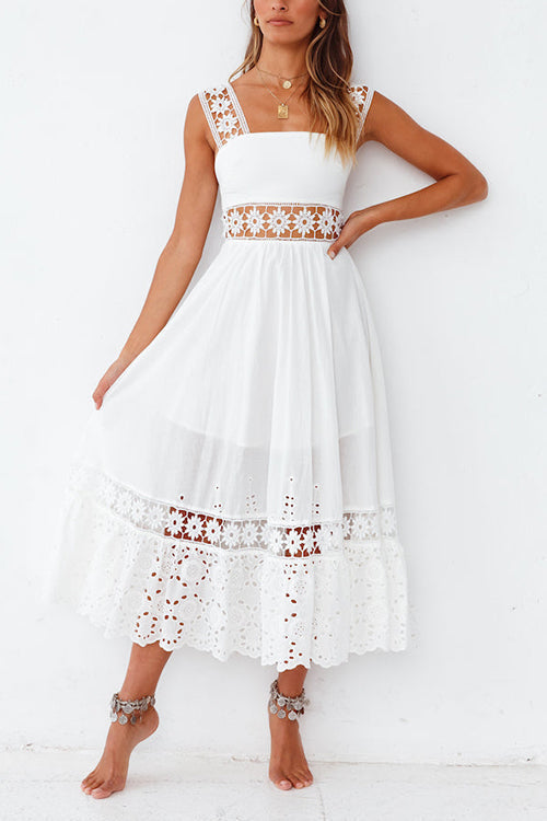 Square Neck Sleeveless Eyelet Lace Crochet Waist Pleated Tiered Ruffle Hem Midi Dress