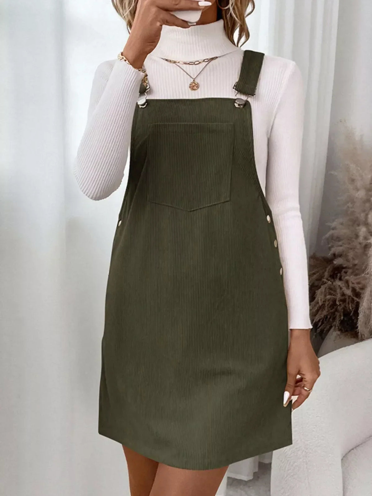Corduroy Front Pocket Adjustable Strap Overall Mini Dress 8