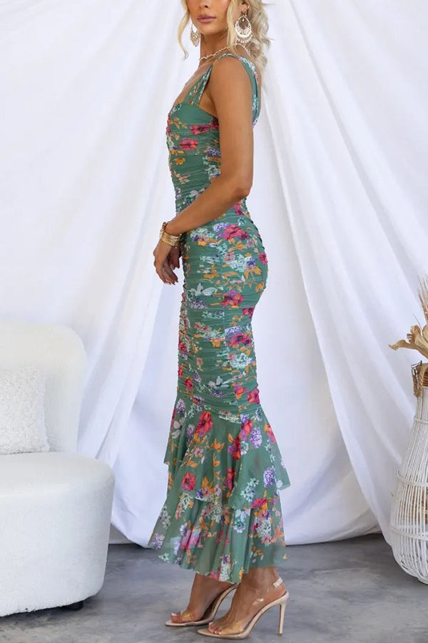 Styled To Perfection Floral Ruched Mesh Overlay Ruffle Hem Maxi Dress - View 5