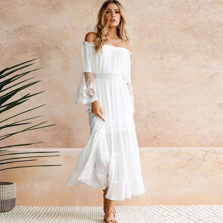 Off Shoulder Lace Trim Flare Sleeve Smocked Waist Tiered Maxi Dress 2