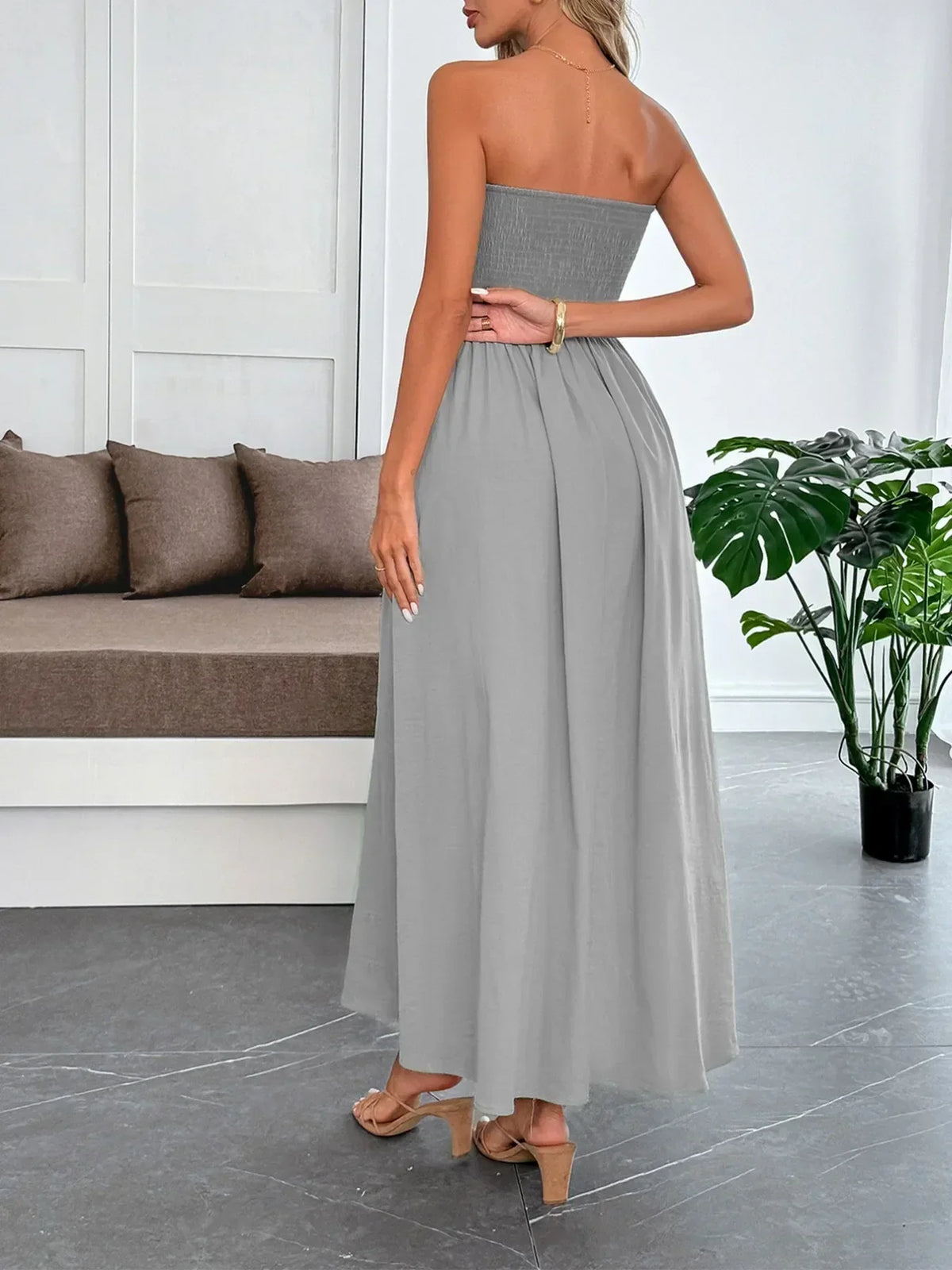 Strapless Smocked Bodice A-Line Tube Maxi Dress 6