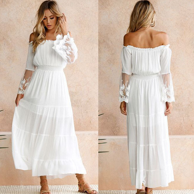 Off Shoulder Lace Trim Flare Sleeve Smocked Waist Tiered Maxi Dress 5