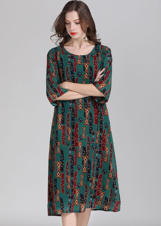 Geometric Tribal Print Round Neck Three Quarter Sleeve A-Line Shift Midi Dress