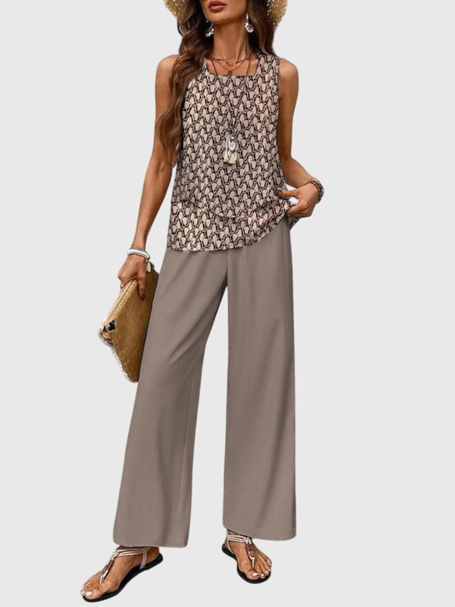 Sleeveless Top and Leaf Print Wide Leg Pants Two Piece Set