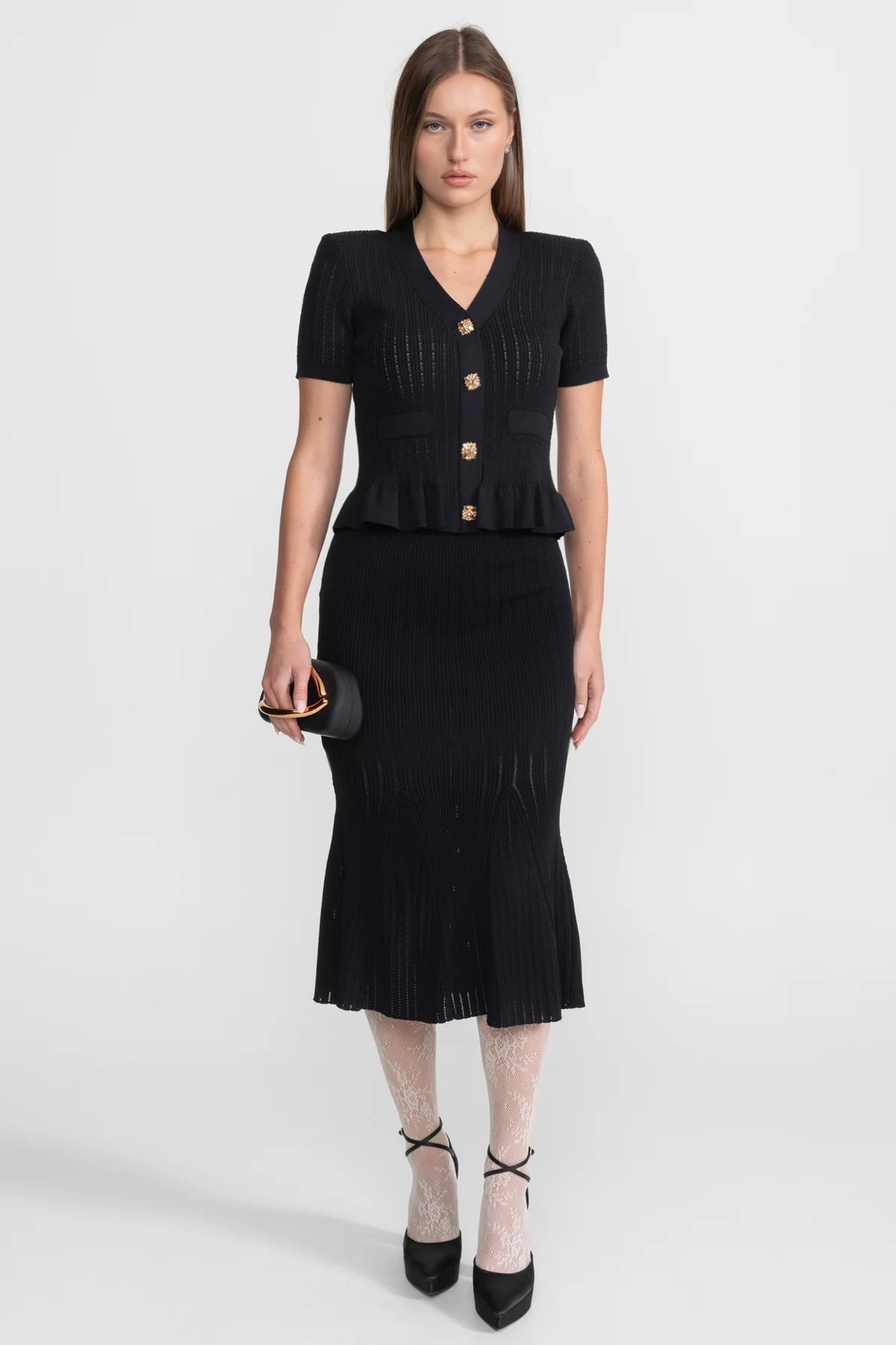 Pointelle Knit V-Neck Peplum Button Top and Flared Midi Skirt Two Piece Set