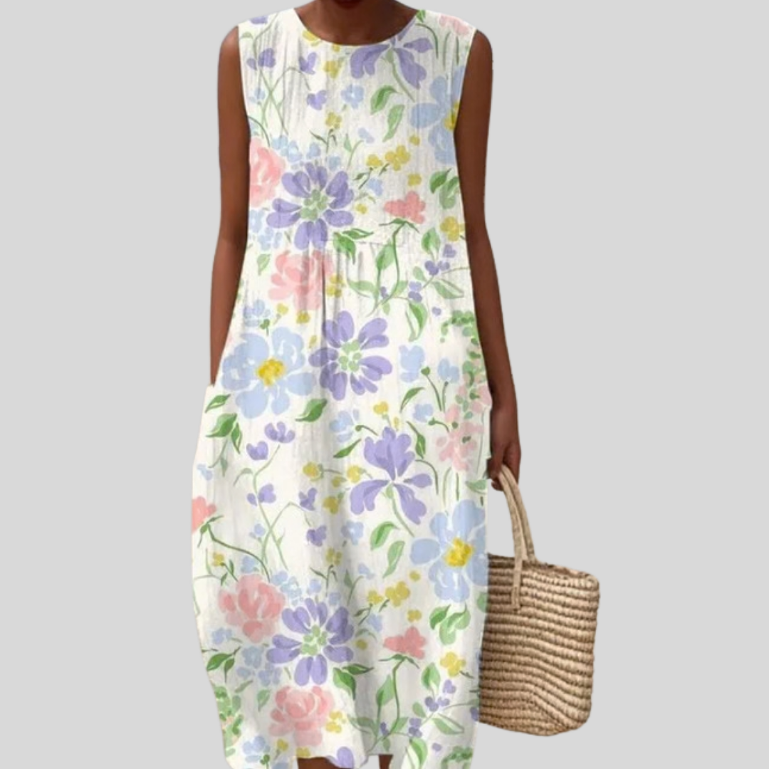 Floral Print Round Neck Sleeveless Midi Dress
