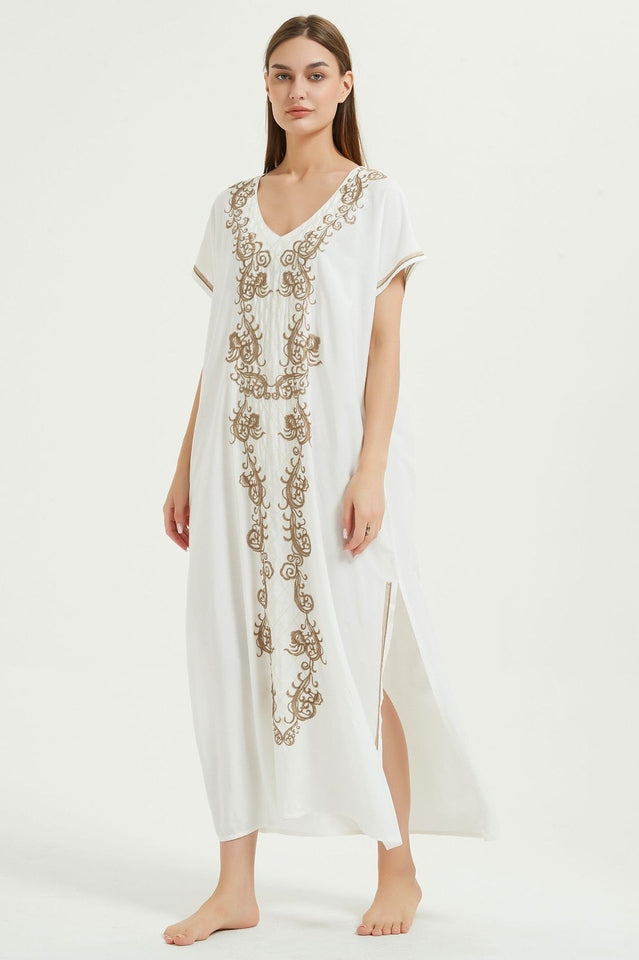 Embroidered V-Neck Short Sleeve Kaftan Maxi Dress 40
