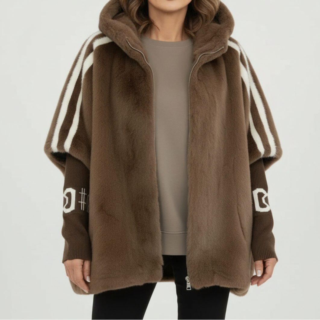 Hooded Faux Fur Zip Front Poncho Jacket