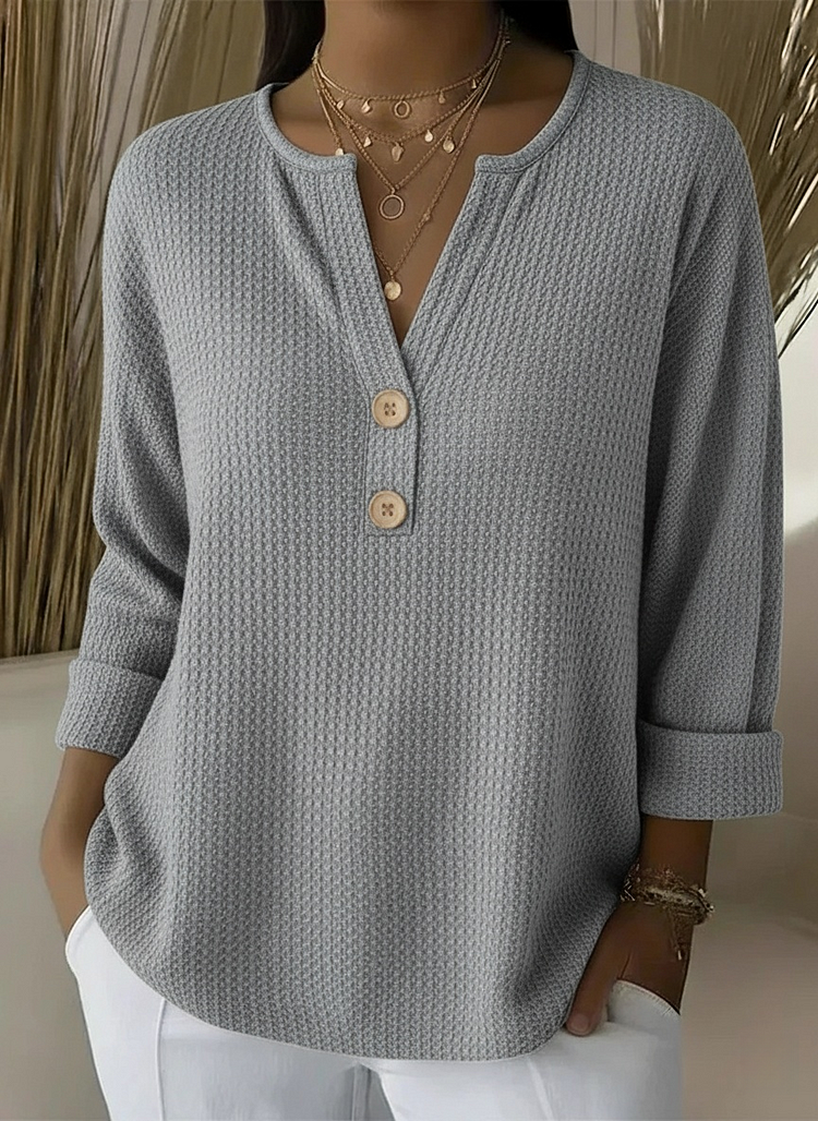 Notch Neck Waffle Knit Button Henley Top
