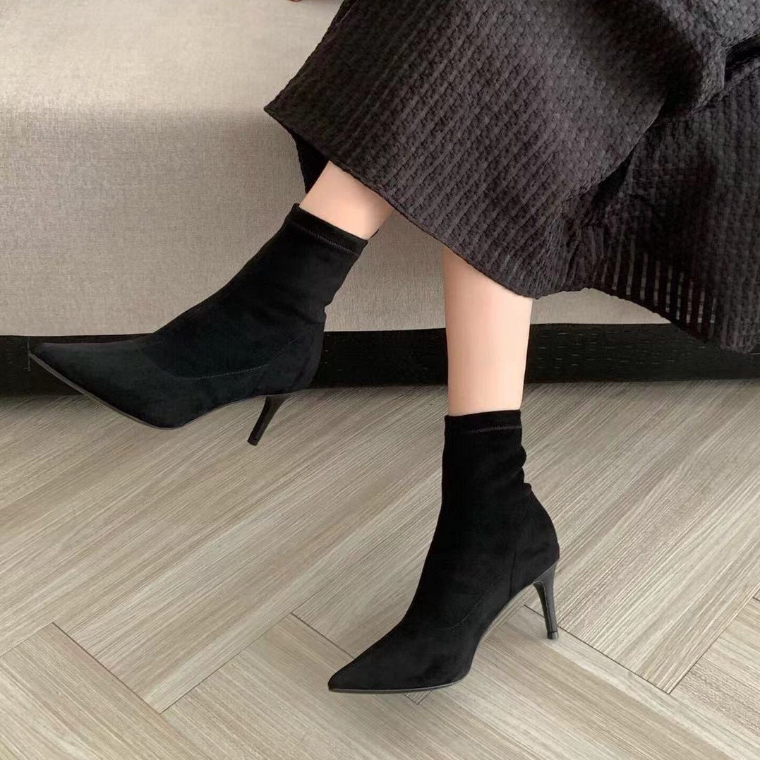 Classic Point Toe Sock Boots High Heel Stretch Boots��Elastic Suede Handmade Black/Brown