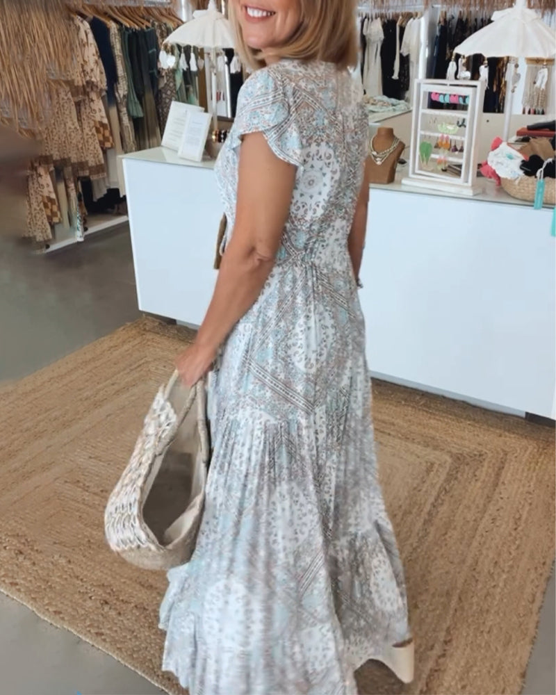 V-Neck Flutter Sleeve Buttoned Tiered Boho Maxi Dress