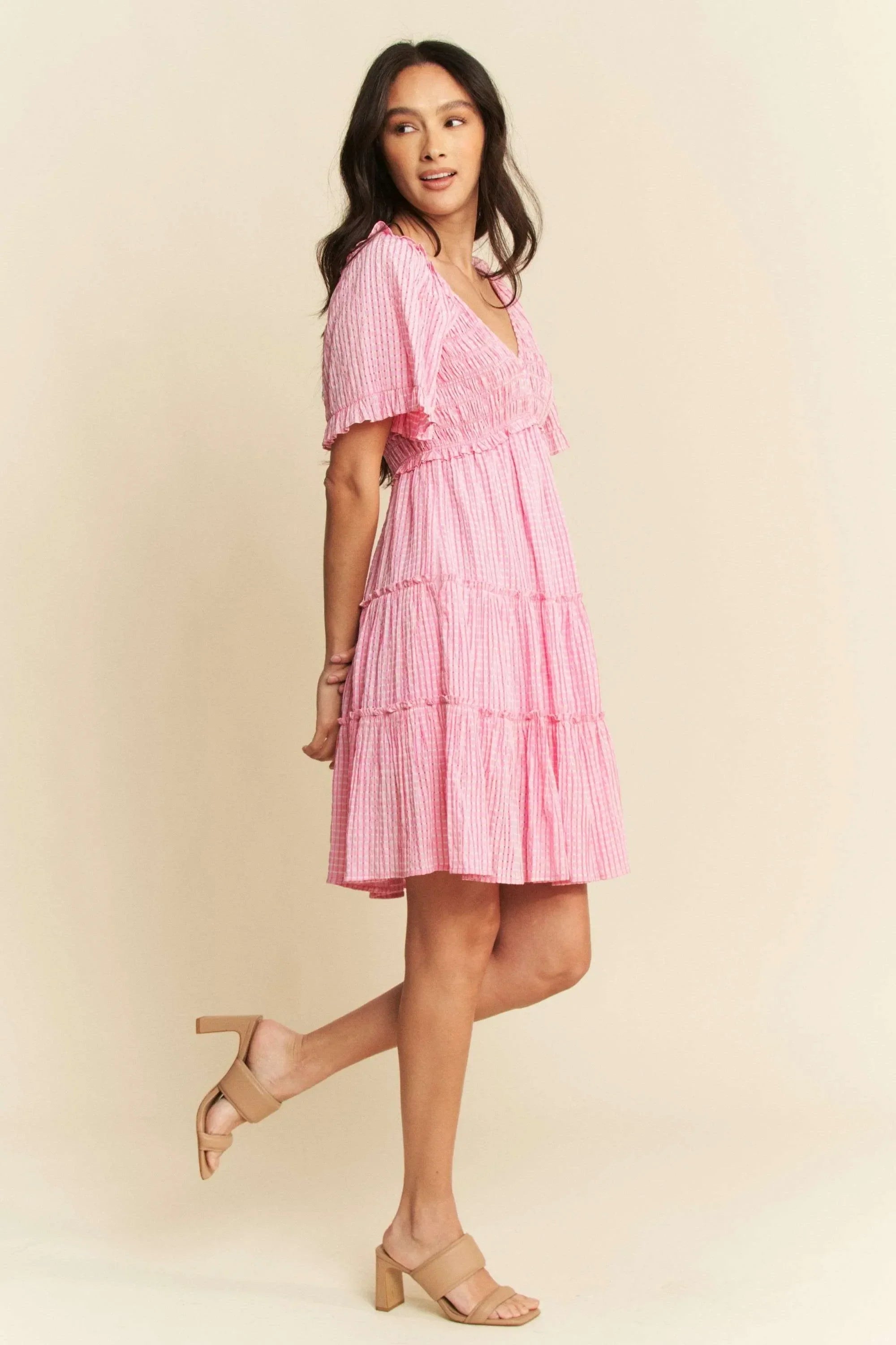 Pink Smocked Checker Tiered Dress
