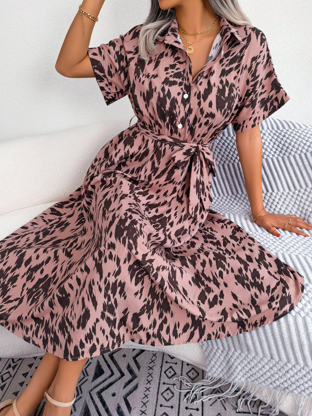 Printed Collared Neck Short Sleeve Tie Waist Dress Dusty Pink