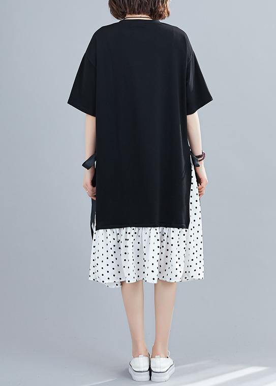 Polka Dot Panel Crew Neck Short Sleeve Side Tie Ruffle Hem Midi Dress