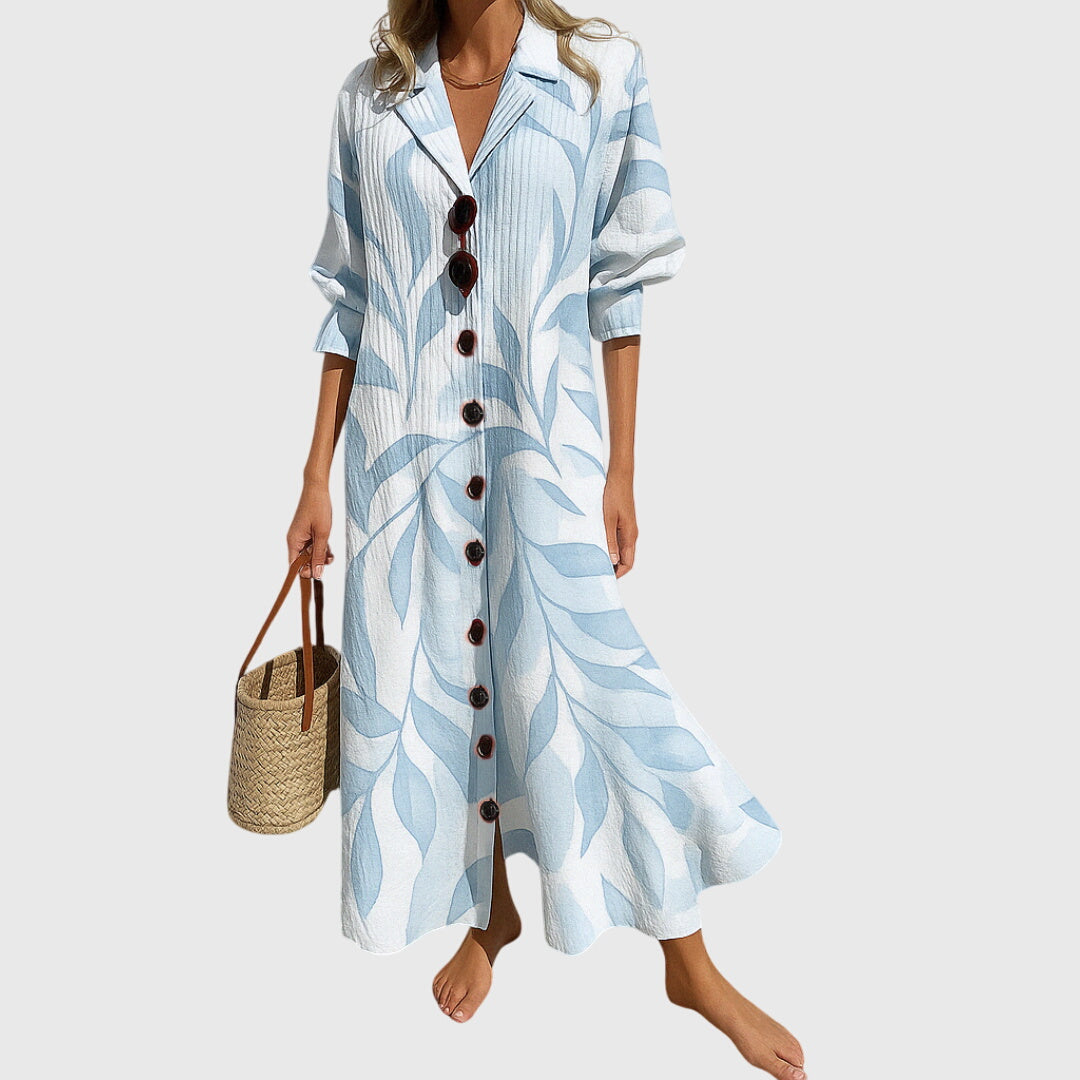 Floral Print V-Neck Button Front Puff Sleeve Maxi Dress