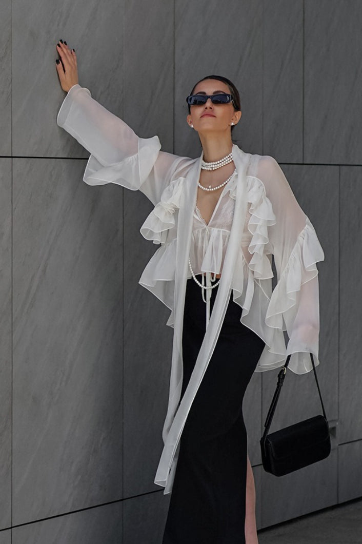 Sheer Organza Ruffle Trim Tie Front Long Scarf Panel Blouse 2