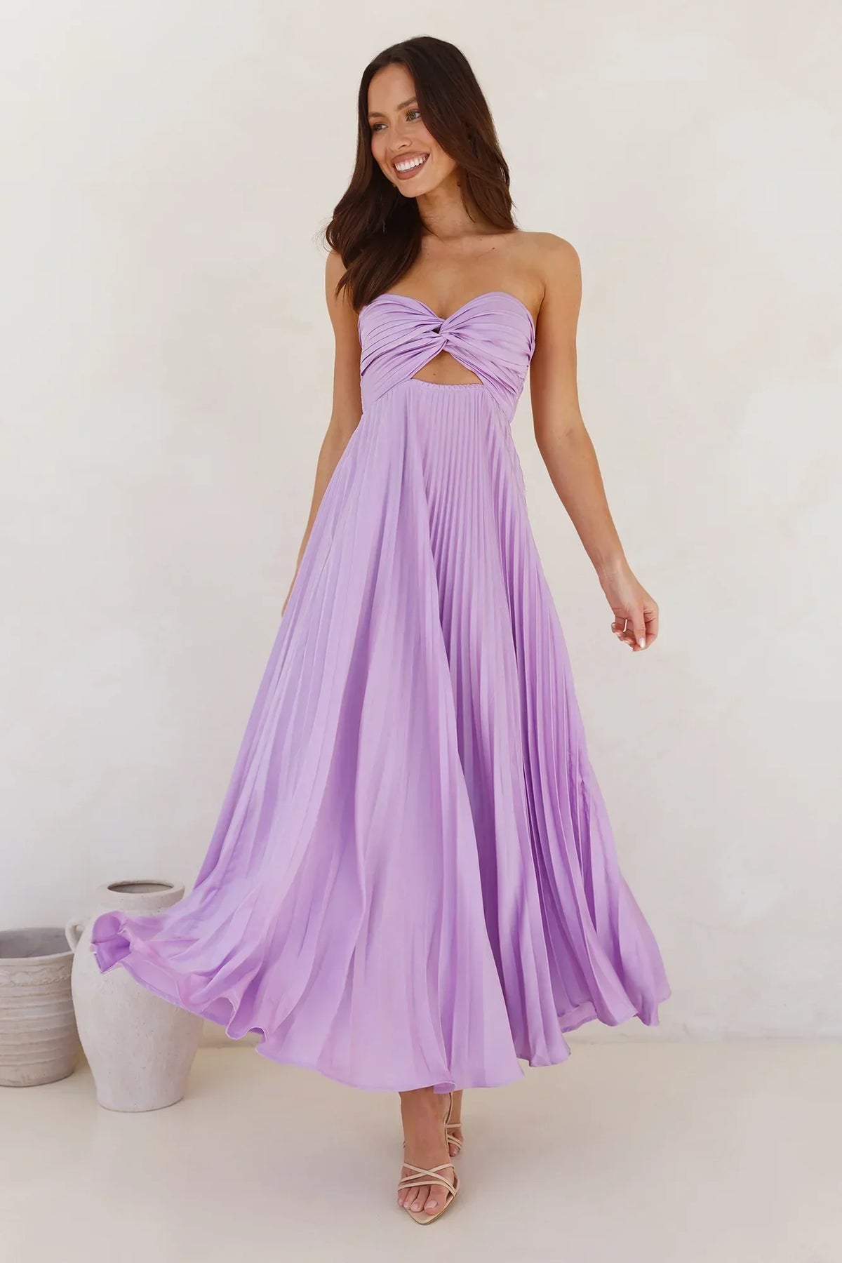 Satin Strapless Twist Front Cut Out Pleated Maxi Dress 3