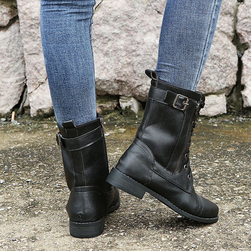 Lace Up Side Zip Buckle Block Heel Combat Boots