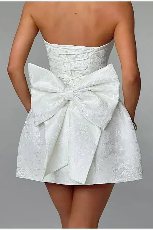 Jacquard Strapless Bow Back Fit and Flare Mini Dress