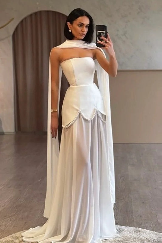Strapless Sash Mesh Beaded Reception Dress