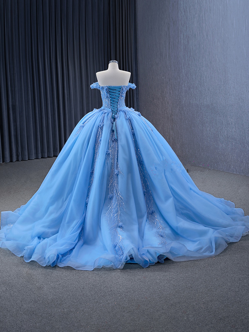 Glitter Blue Ball Gown Tulle Off the Shoulder Sequins Appliques Prom Dress cc1724