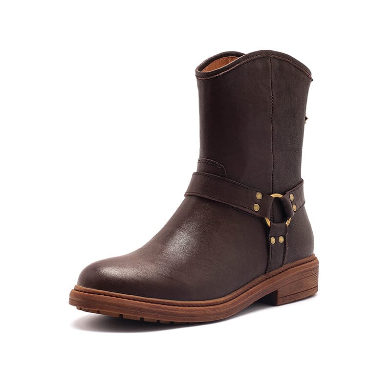 Belted Western boots Chunky Heel Leather Short Boots Back Zip Black /Coffee/Brown