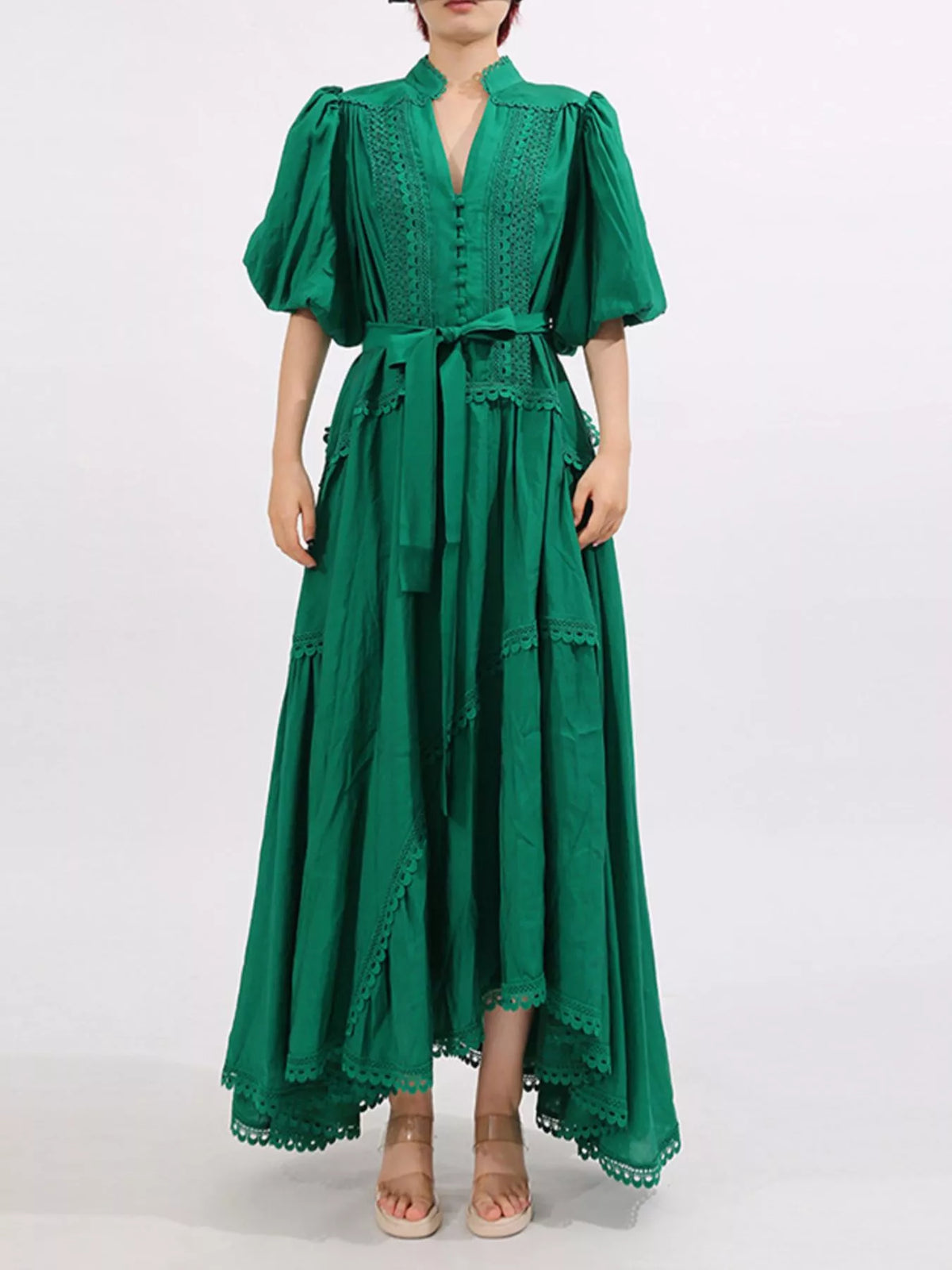 Crochet Lace Trim Notched Neck Puff Sleeve Tie Waist Tiered Maxi Dress 8