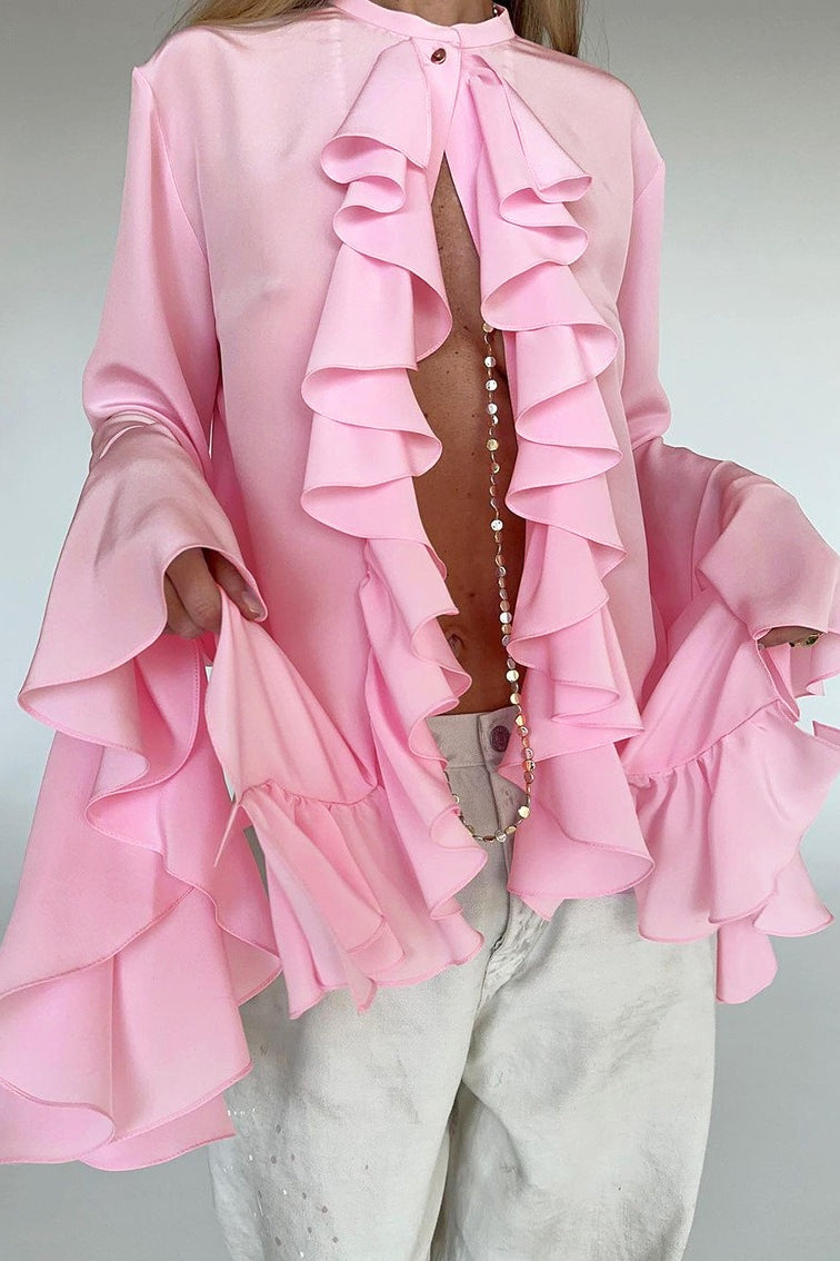 Cascading Ruffle Front High Neck Flared Bell Sleeve Blouse 6