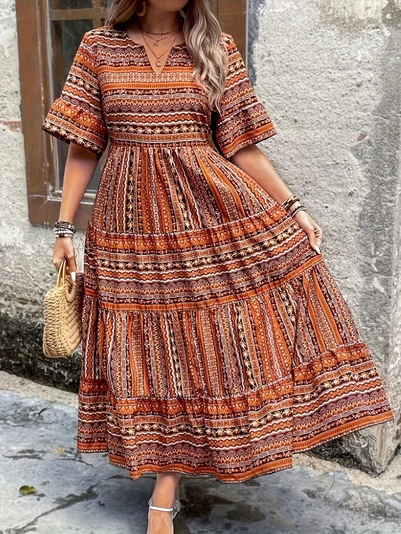 Sylpha - Elegant Ethnic Print Bohemian Dress Brown