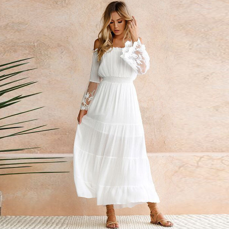 Off Shoulder Lace Trim Flare Sleeve Smocked Waist Tiered Maxi Dress 4