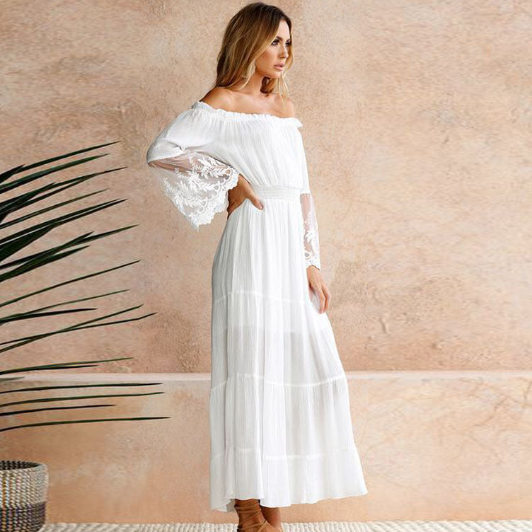 Off Shoulder Lace Trim Flare Sleeve Smocked Waist Tiered Maxi Dress 3