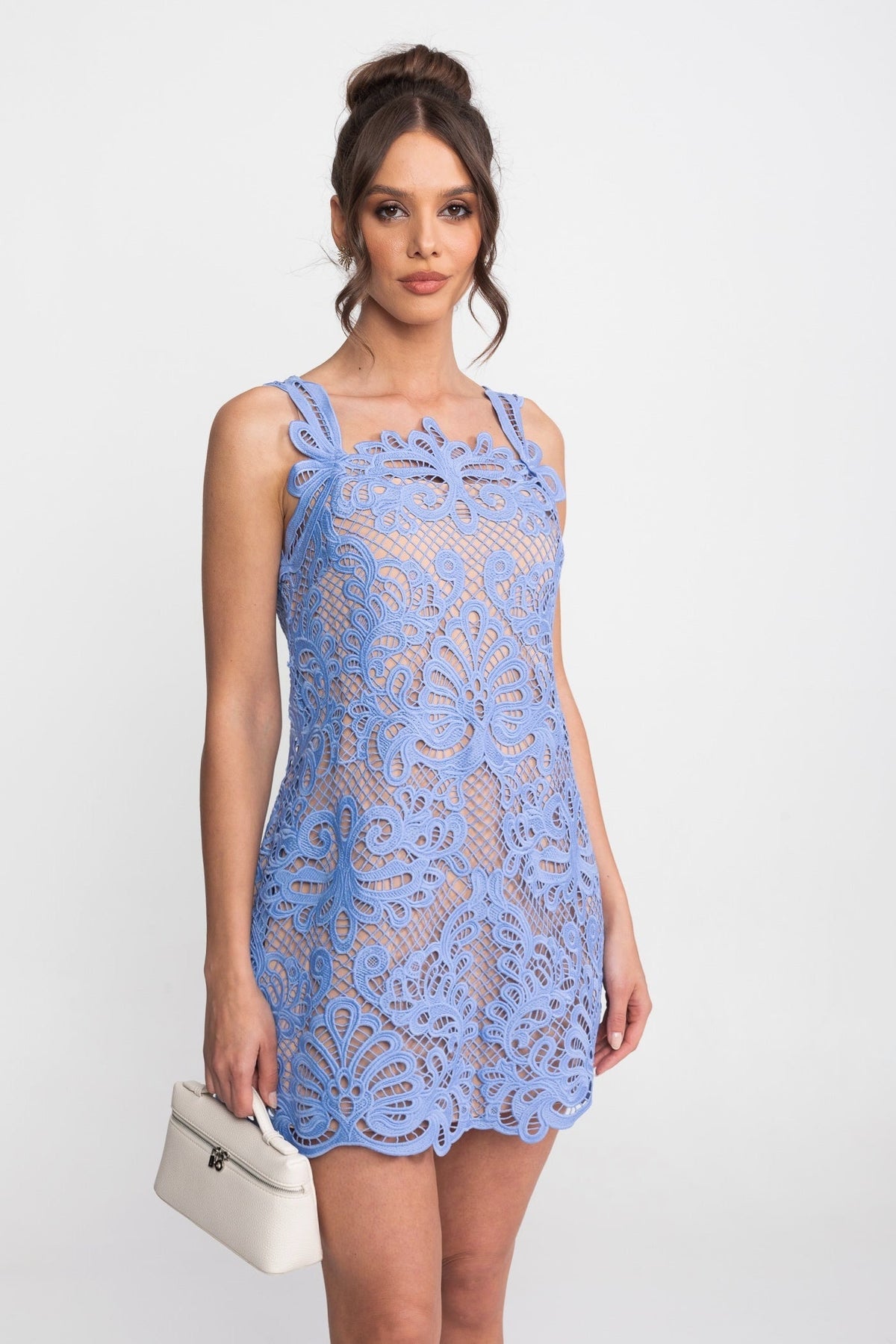 Guipure Lace Square Neck Sleeveless Scallop Hem Mini Dress