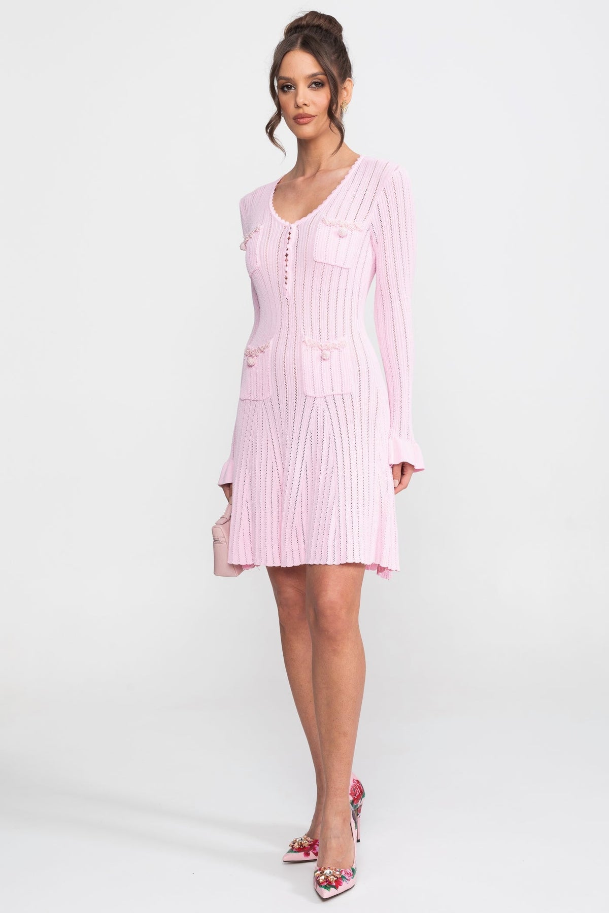 Ribbed Knit Scoop Neck Long Sleeve Ruffle Cuff Pocket Mini Dress 6