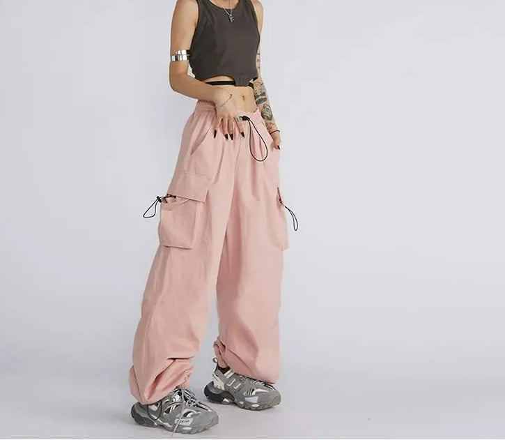 Elastic Waist Flap Pocket Toggle Hem Baggy Cargo Parachute Pants 3