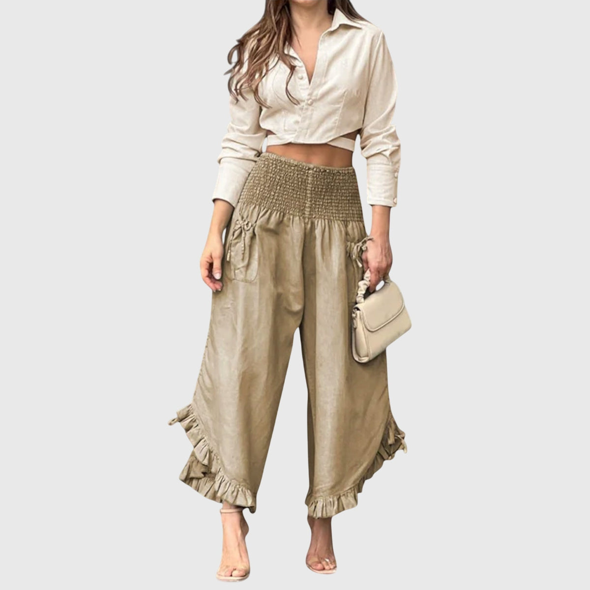 High Waist Smocked Ruffle Hem Wide Leg Pants