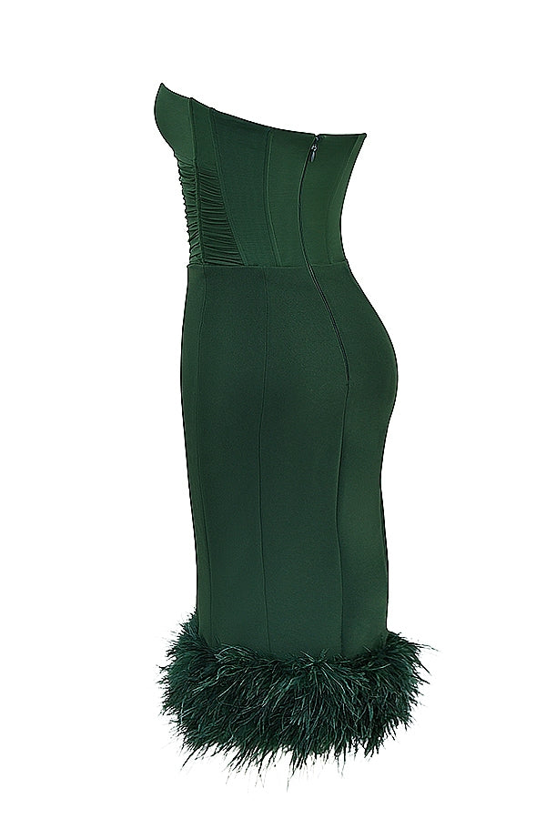 Strapless Corset Bodice Feather Trim Hem Bodycon Midi Dress 11