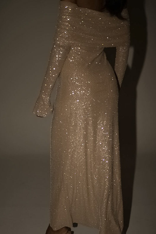 Rhinestone Off Shoulder Long Sleeve Bodycon Midi Dress - View 6