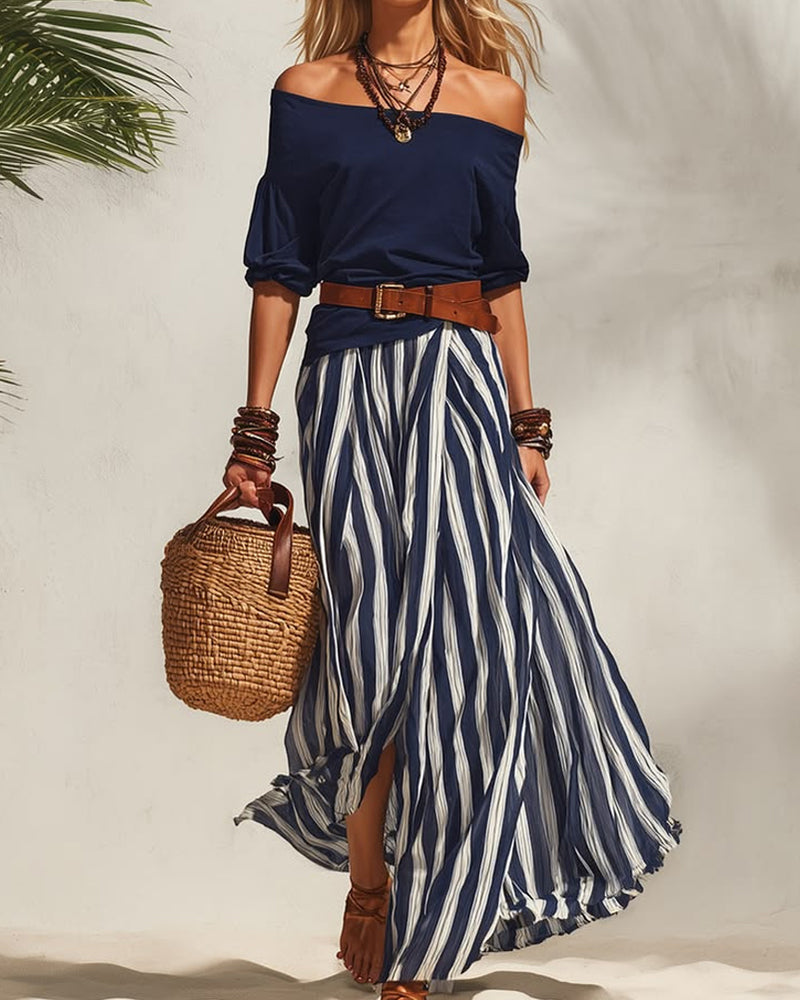 Off Shoulder Top and Striped Maxi Skirt Two Piece Set