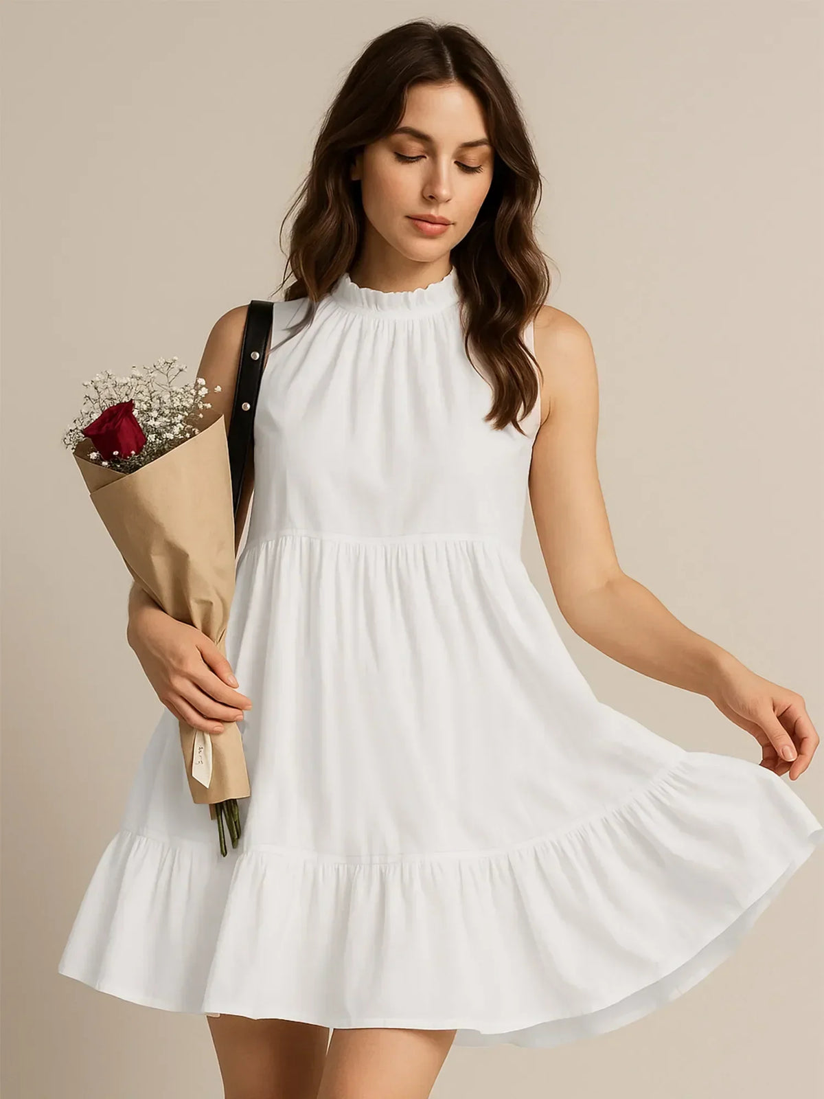 Ruffle Mock Neck Sleeveless Tiered Swing Mini Dress