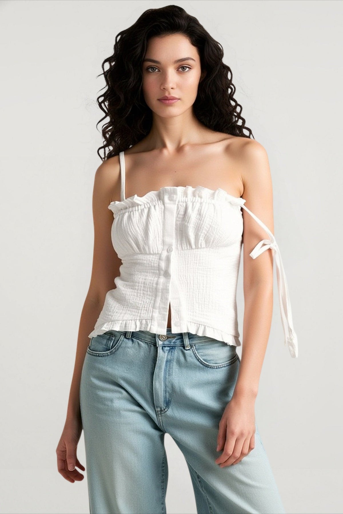Ruffle Trim Button Front Textured Spaghetti Strap Cami Top 2