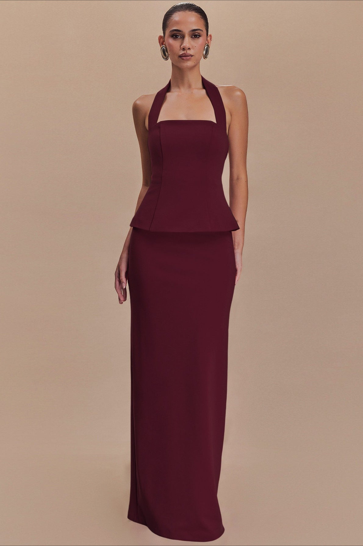 Halter Neck Backless Peplum Maxi Gown