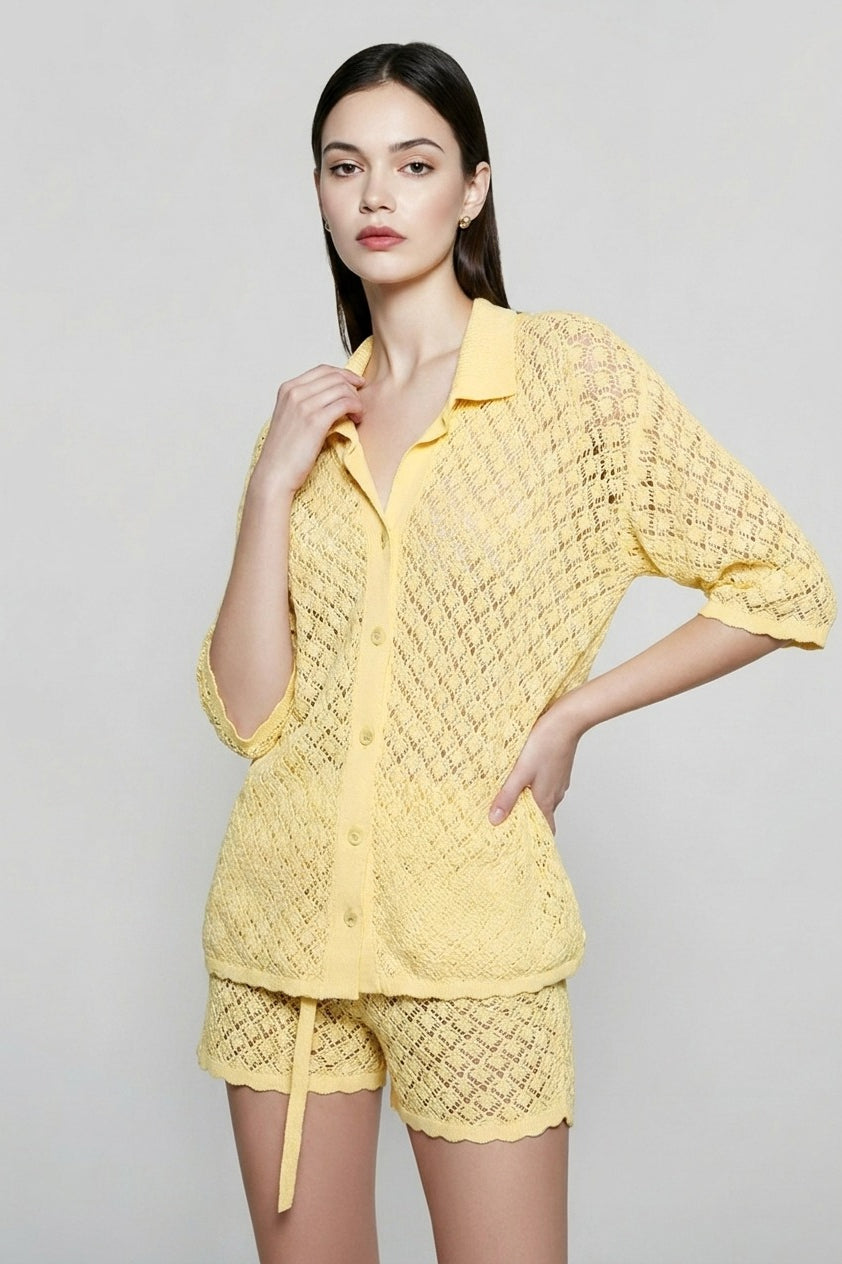 Open Knit Collared Button Front Shirt and Scalloped Shorts Two Piece Set