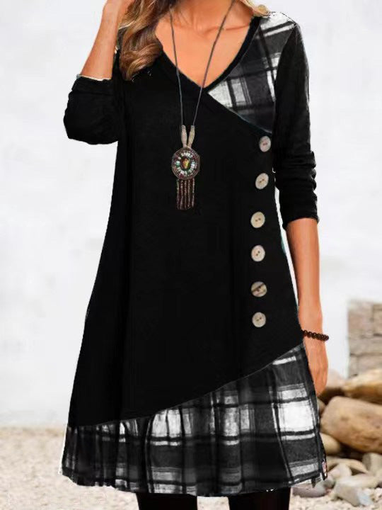 Plaid Patchwork V-Neck Long Sleeve Button Front Tunic Dress 6