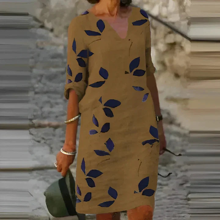 Leaf Print V-Neck Three Quarter Sleeve Pocket Shift Midi Summer Dress