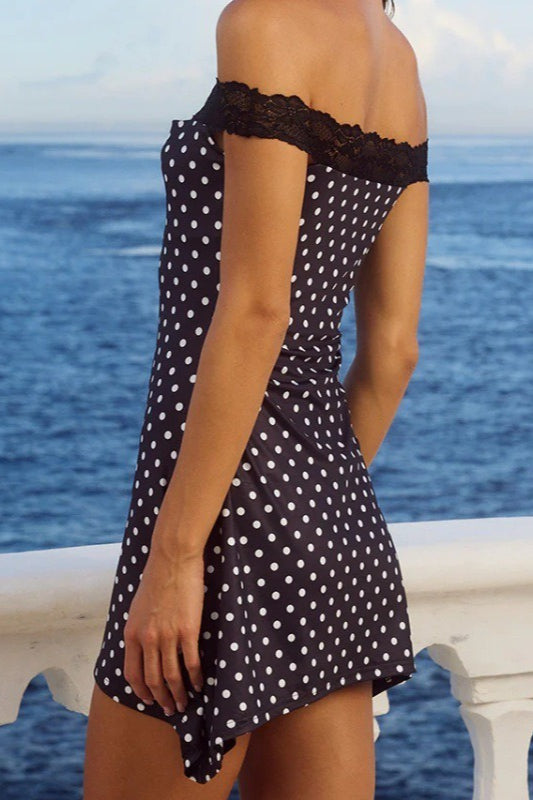 Off Shoulder Polka Dot Lace Trim Bodycon Mini Dress 2