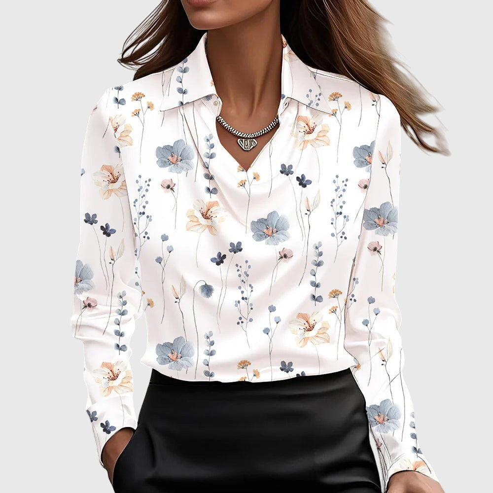 Collared Cowl Neck Long Sleeve Satin Blouse